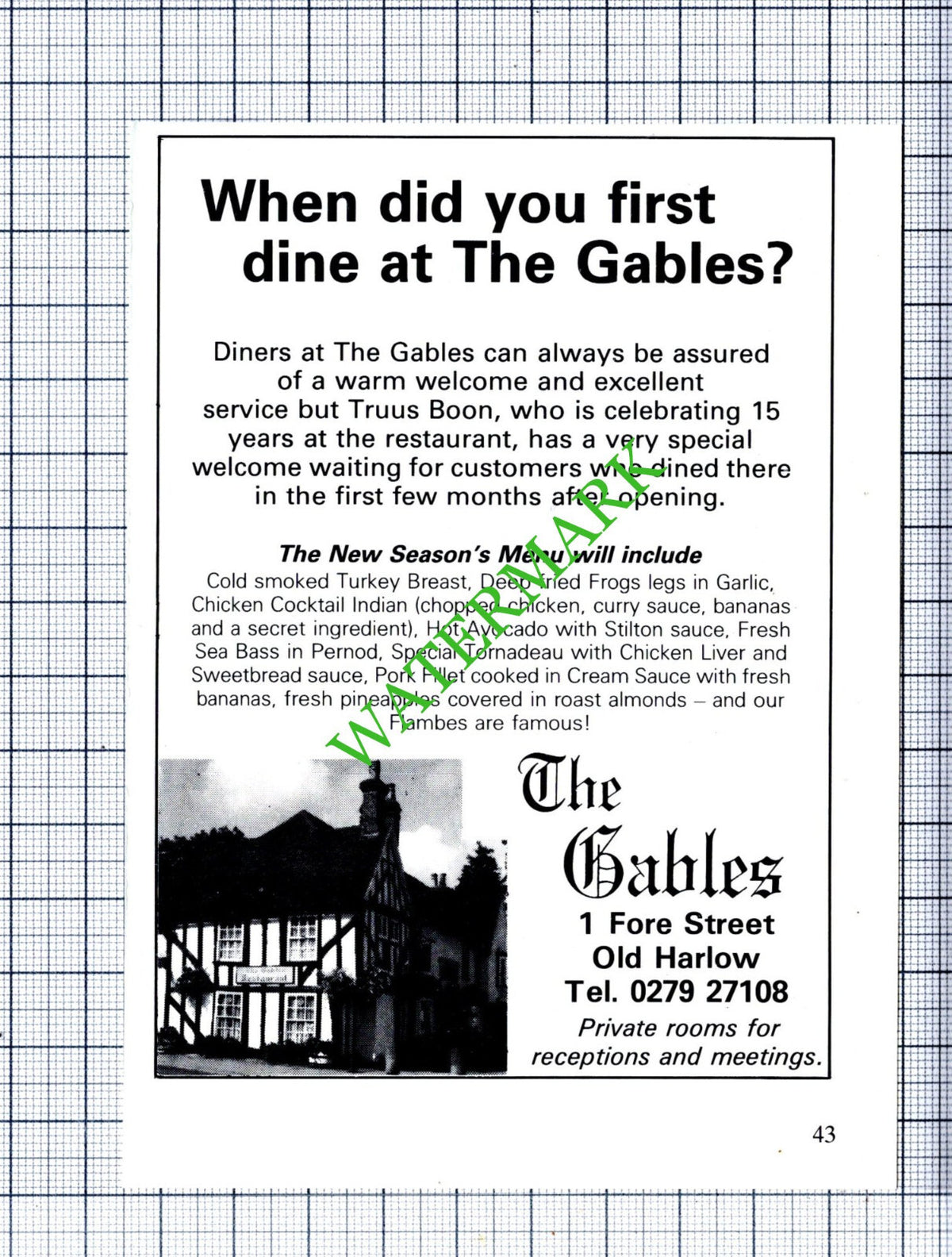 The Gables Old Harlow Essex Truus Boon Small Advert - 1986 Cutting