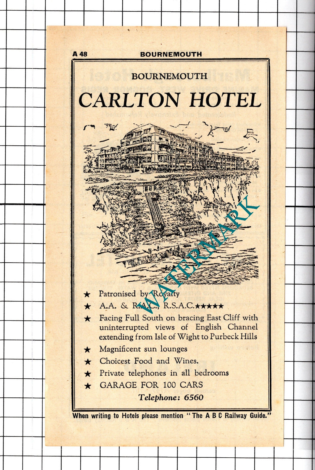 Carlton Hotel Bournemouth Advert - 1958 Cutting / Print