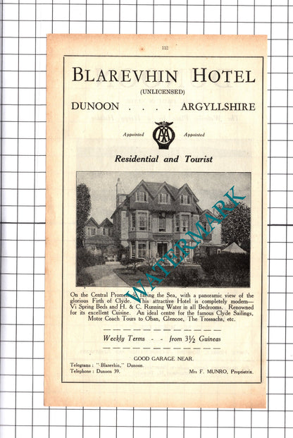 Blarevhin Hotel Dunoon Munro / Dunoon Holiday Advert - 1939 Cutting