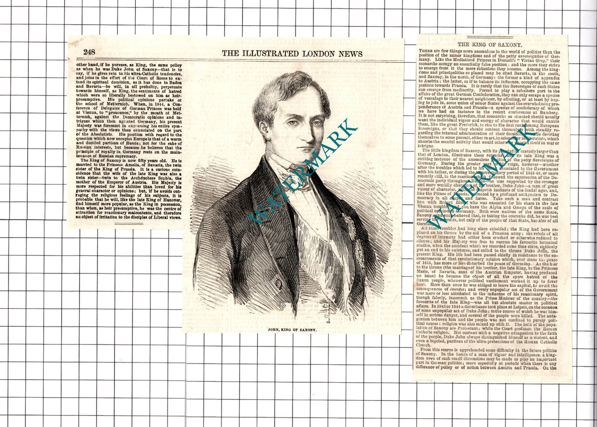 John King Of Saxony   -  1854 Two-Part Clipping / Print
