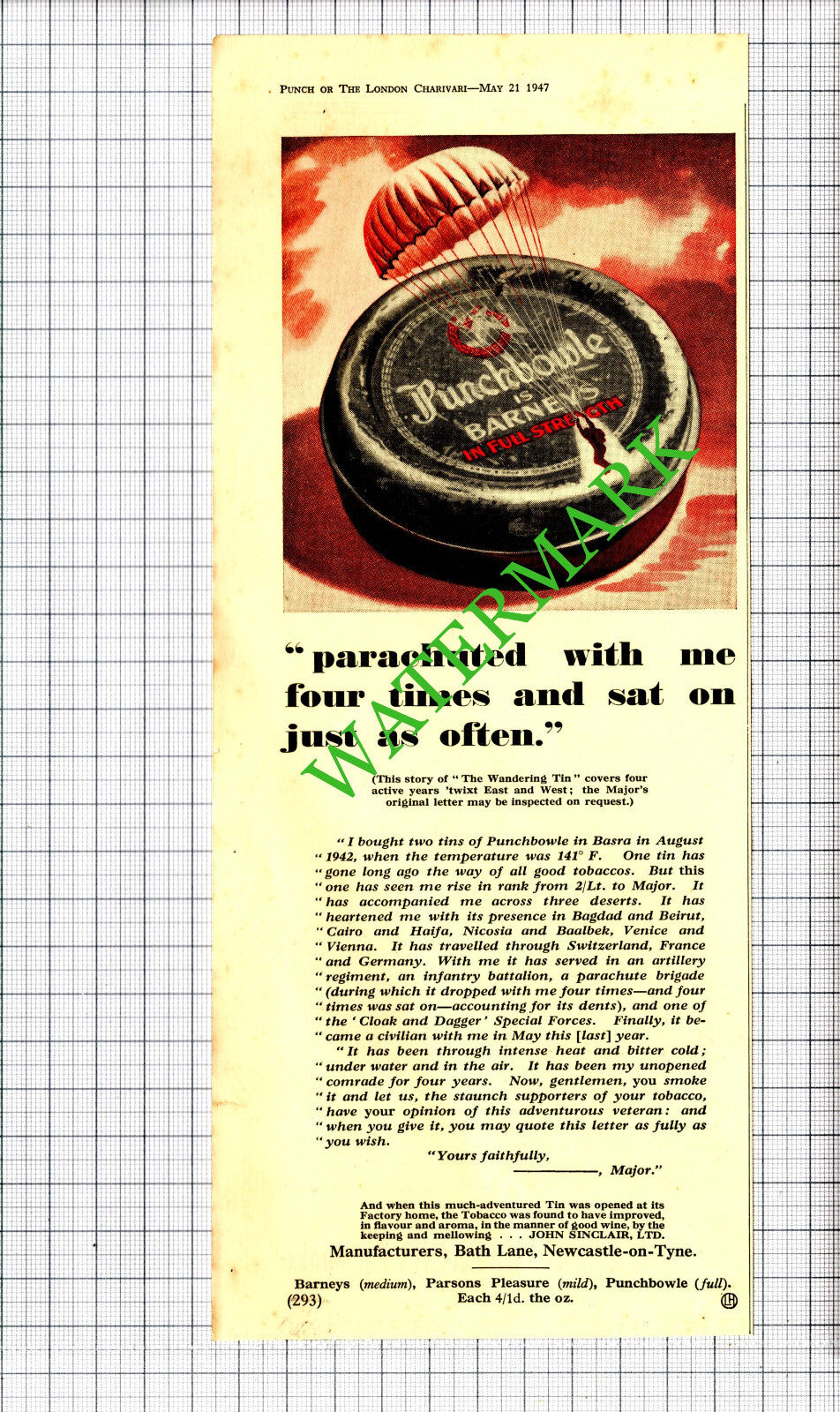 Punchbowle Barneys Tobacco Parachute Advert - 1947 Cutting