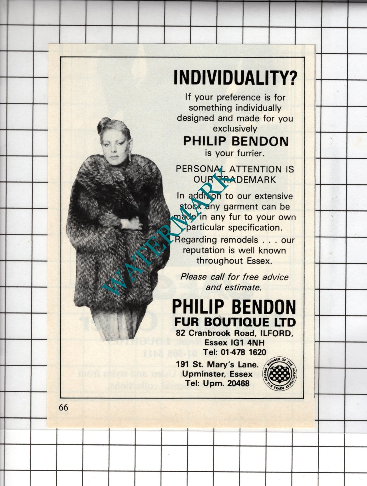 Philip Bendon Fur Boutique Ltd Ilford Essex - 1984 Small Advert
