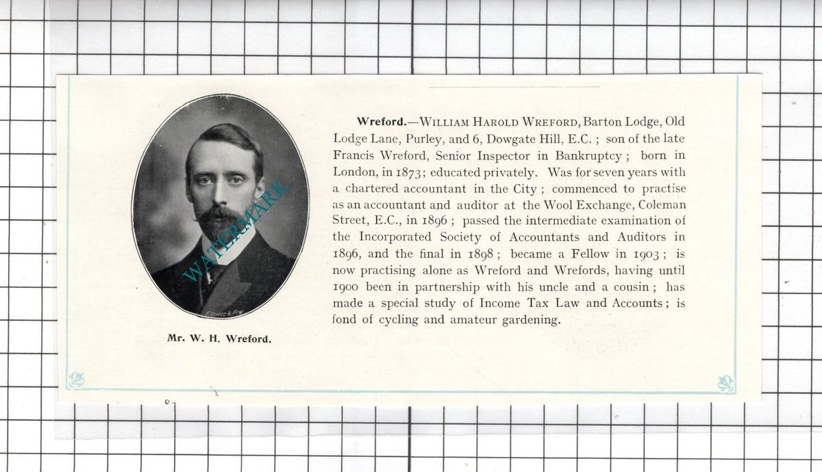 Mr William Harold Wreford Barton Lodge Purley London  - c.1905 Clipping