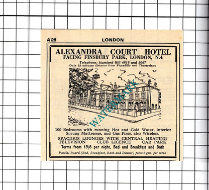 Alexander Court Hotel London / Hotel Astor Hyde Park Small Advert -1958 Cutting