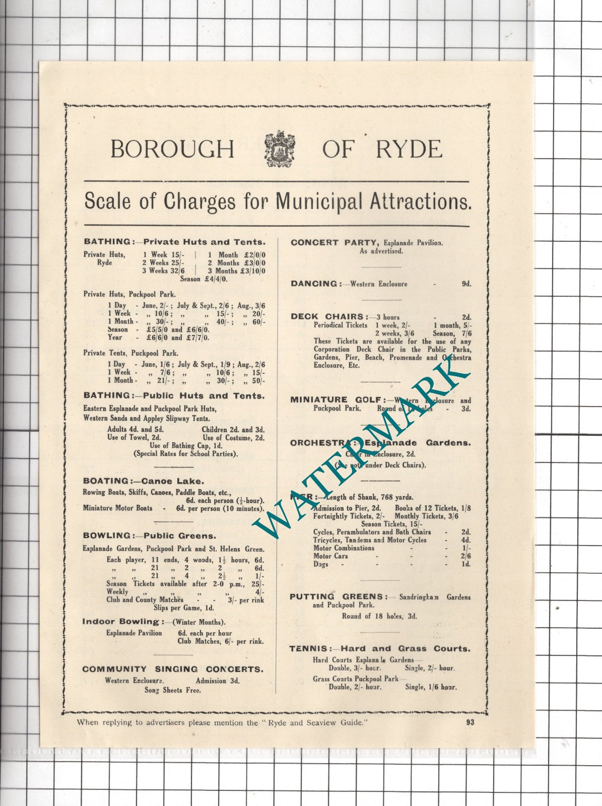 Ryde Isle Of Wight Municipal Attraction Charges   - 1938 Clipping