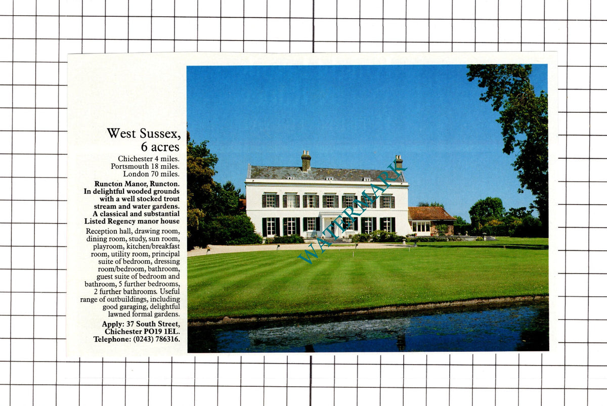 Runcton Manor Runcton West Sussex House Sale Advert - 1991 Clipping / Print