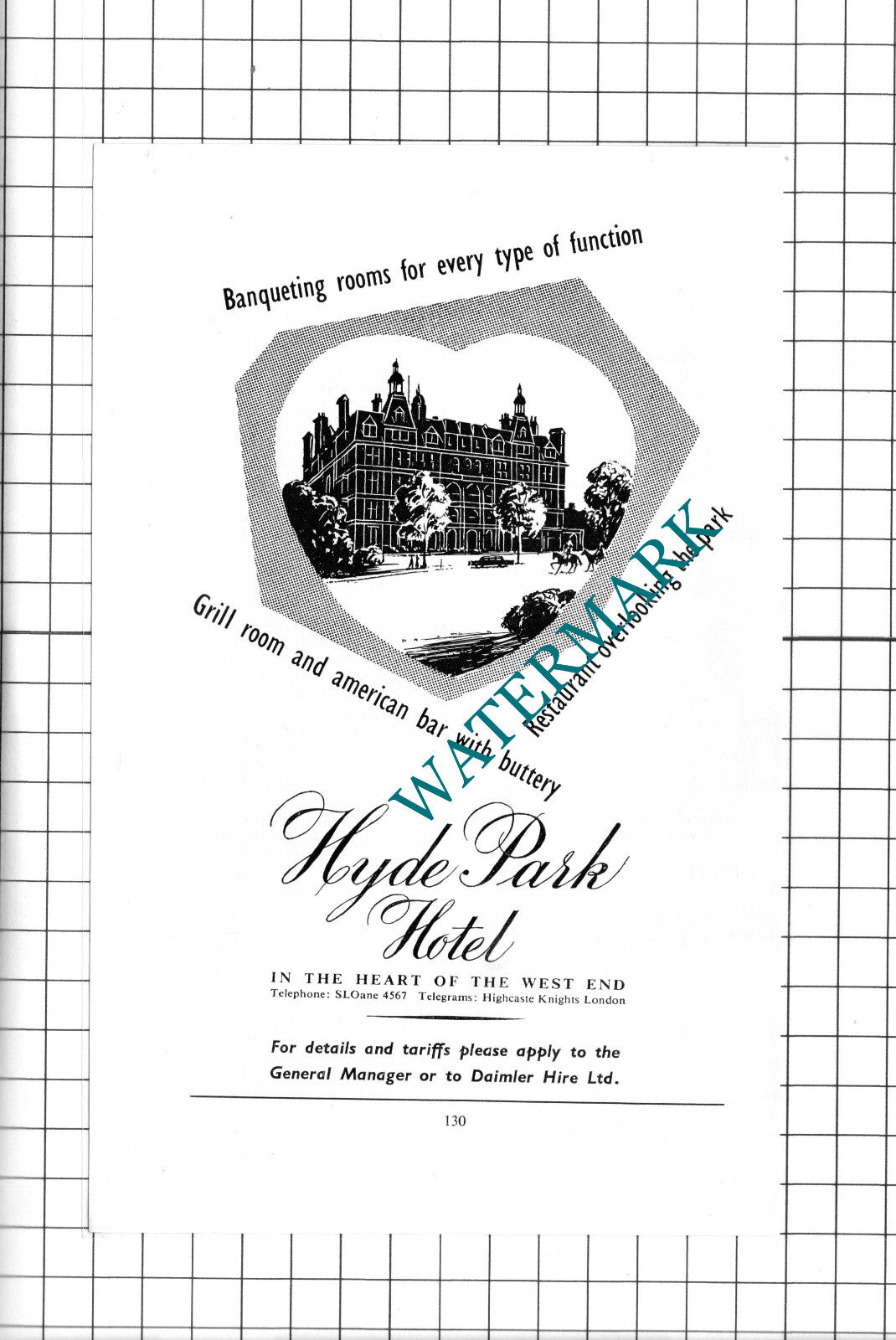 Hyde Park Hotel London Advert - c.1960's Clipping / Print
