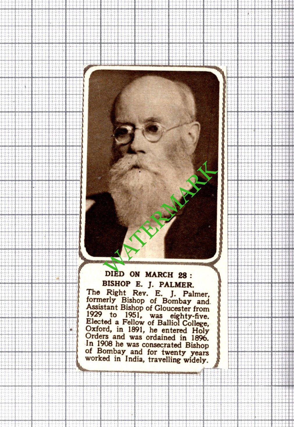 Bishop Of Bombay Right Rev E J Palmer Obituary - 1954 Small Cutting