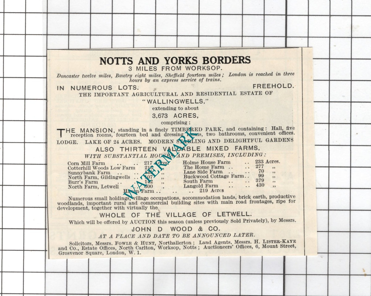 Wallingwells Nottinghamshire  - 1926 Small Sale Advert