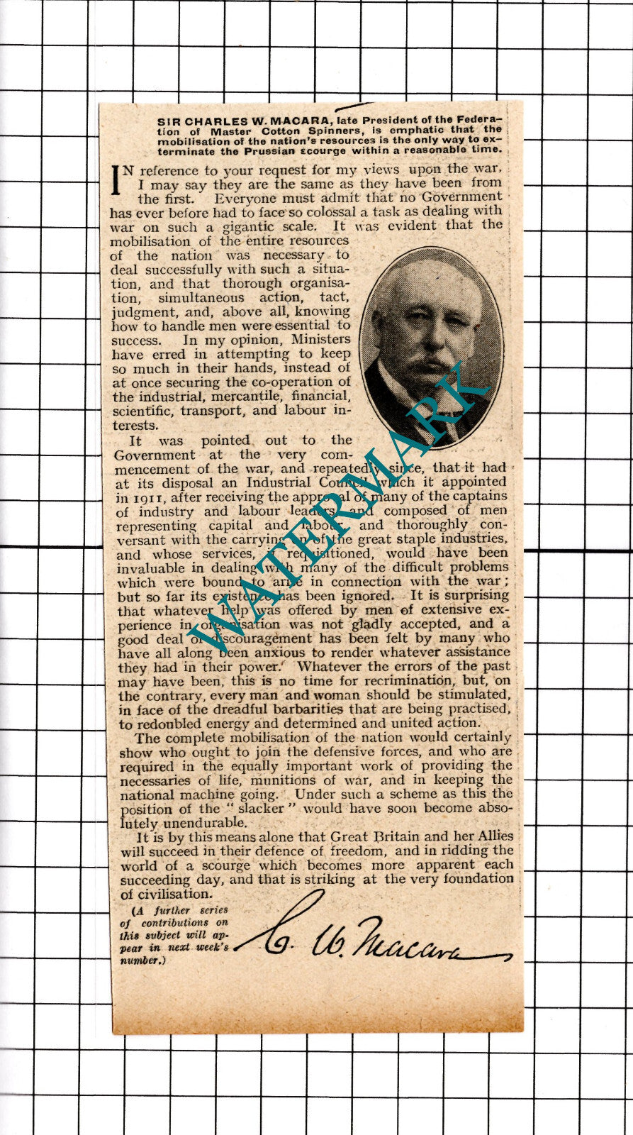 Sir Charles Macara Master Cotton Spinners Great War  - c.1915 Clipping / Print