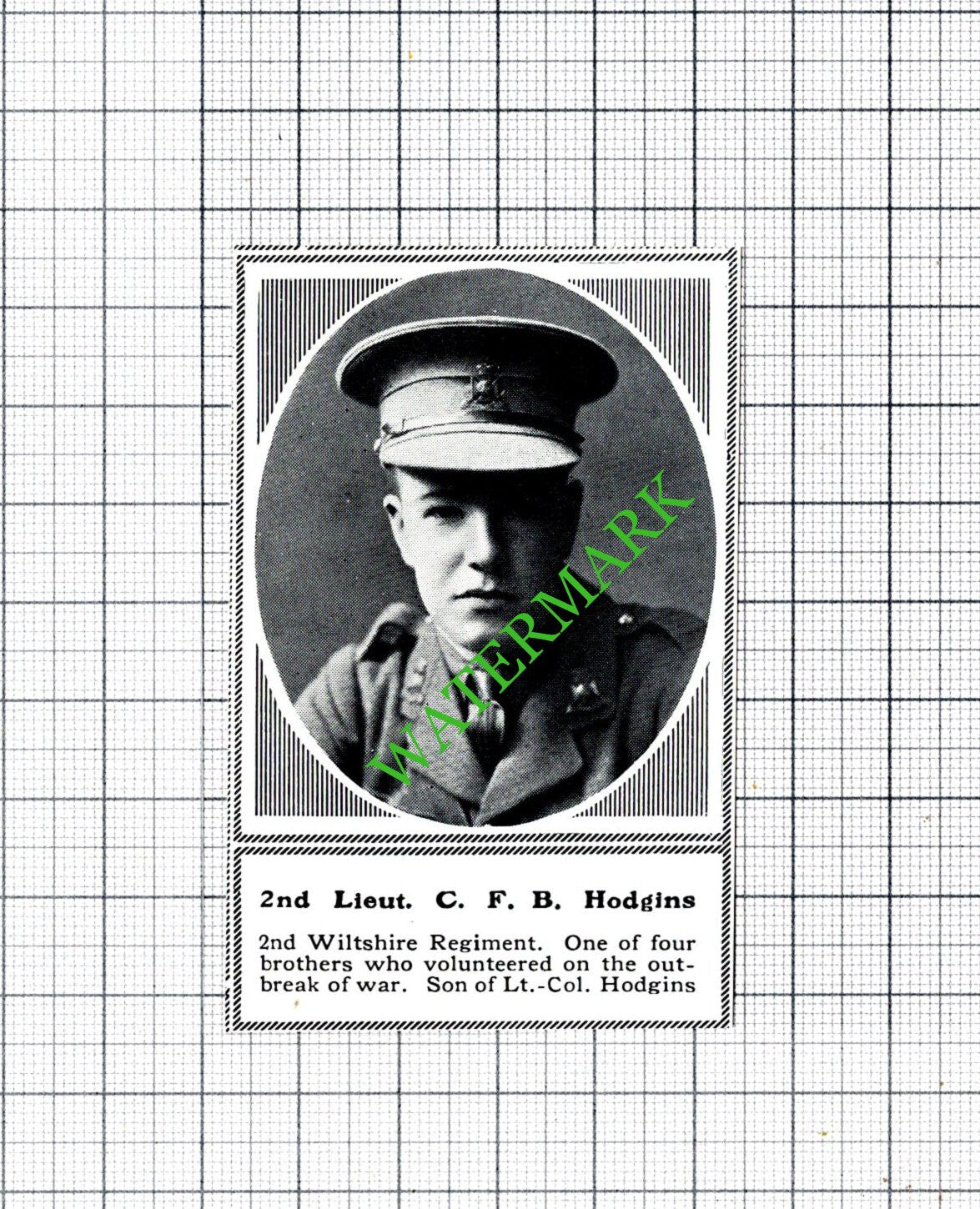2nd Lt CFB Hodgins 2nd Wiltshire Reg World War One WW1  - c.1918 SMALL Cutting
