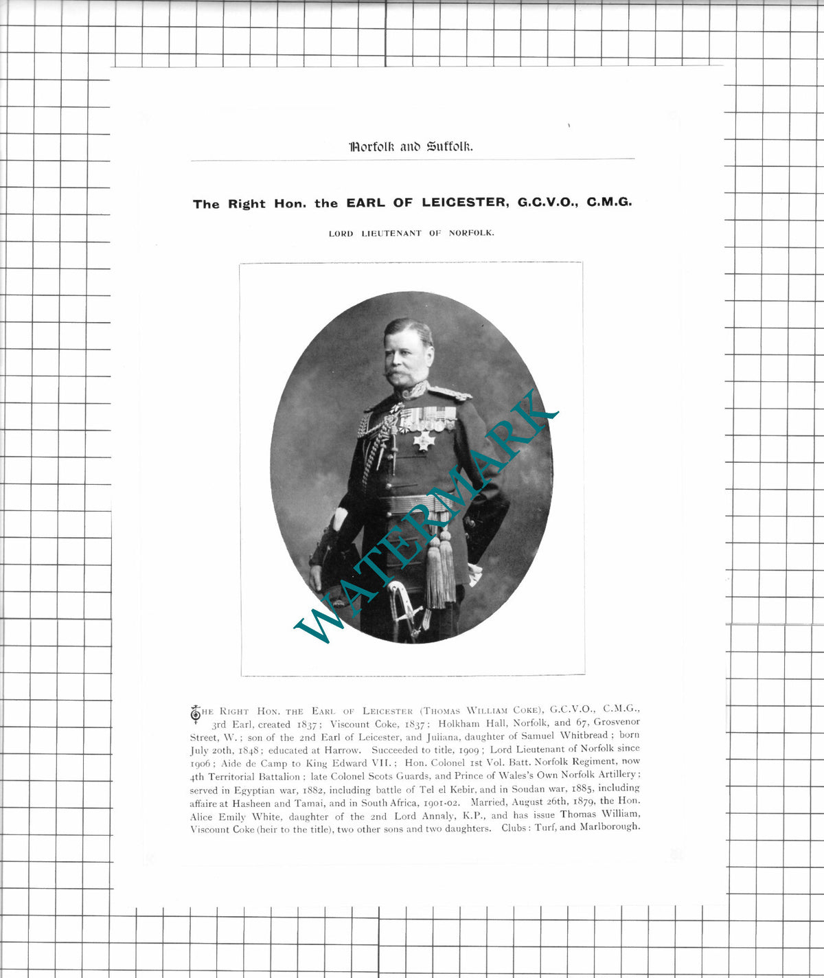 Thomas William Coke The Right Hon the Earl Of Leicester - 1911 Print