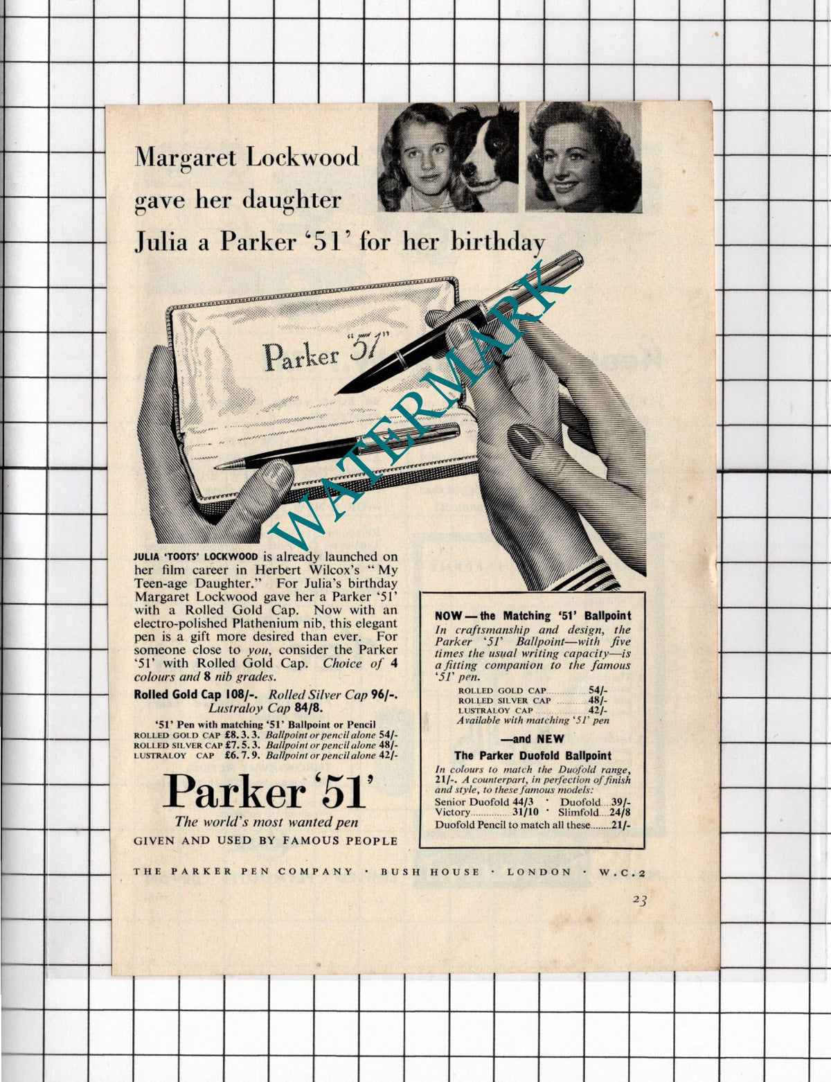Margaret Lockwood Parker Pen ADVERT - 1956 Small Clipping / Print