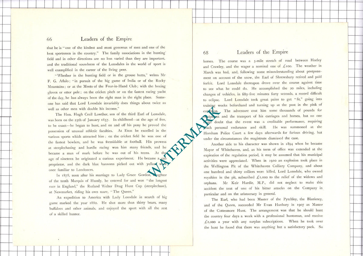 The Hon Hugh Cecil Lowther Earl Of Lonsdale   - c.1920 Print / Article