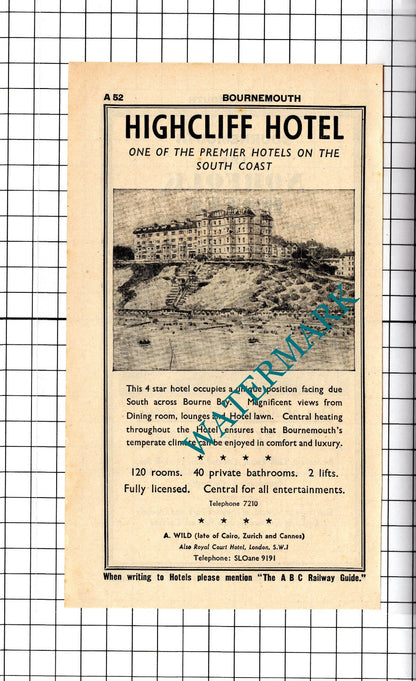 Highcliff Hotel Bournemouth / Norfolk Hotel Advert - 1958 Cutting / Print
