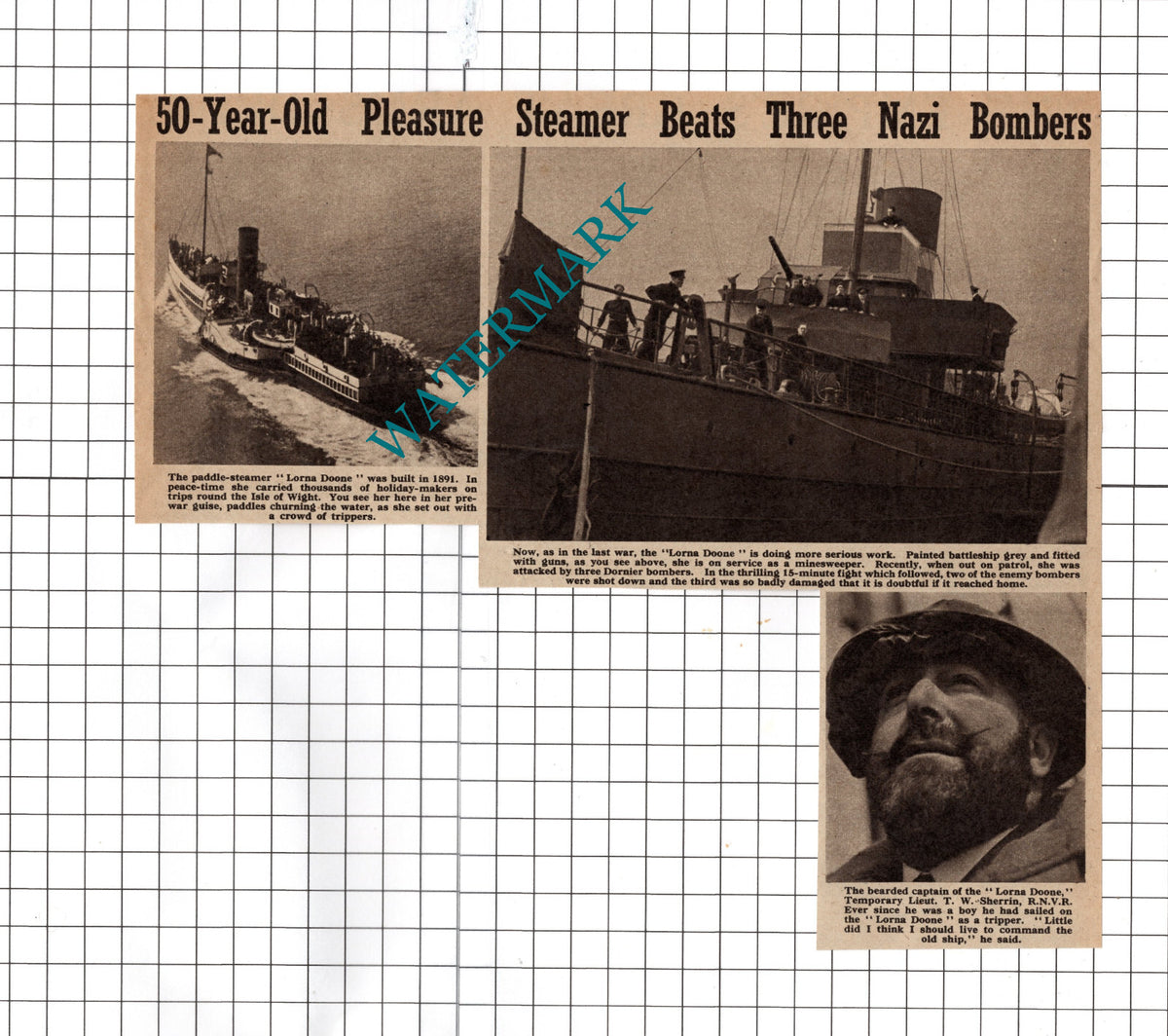 Lorna Doone Paddle Steamer Lt T W Sherrin World War Two  - 1940's Clipping