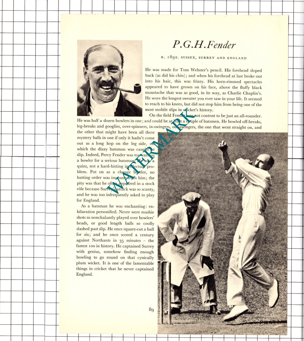 PGH Fender Cricketer /  EA Ted McDonald Cricket - 1952 Book Print