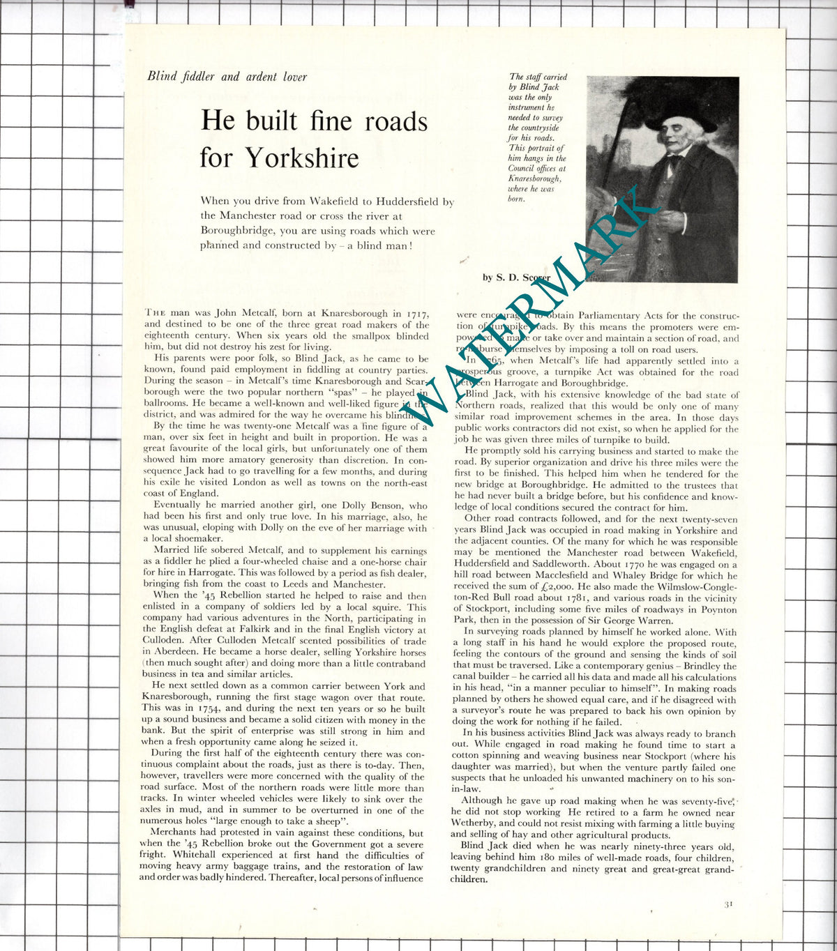 John Metcalf Knaresborough Yorkshire Blind Jack  - 1956 Article