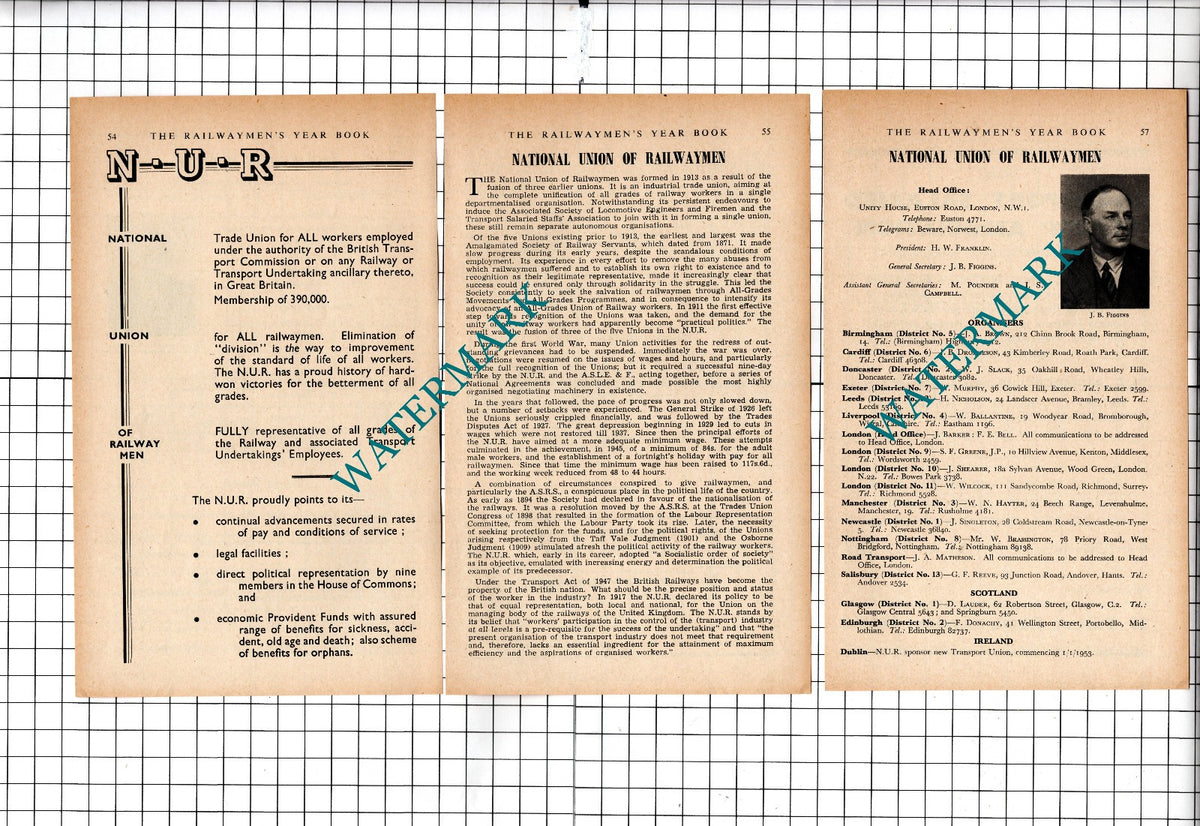 National Union Of Railwaymen J B Figgins - 1953 Small Article