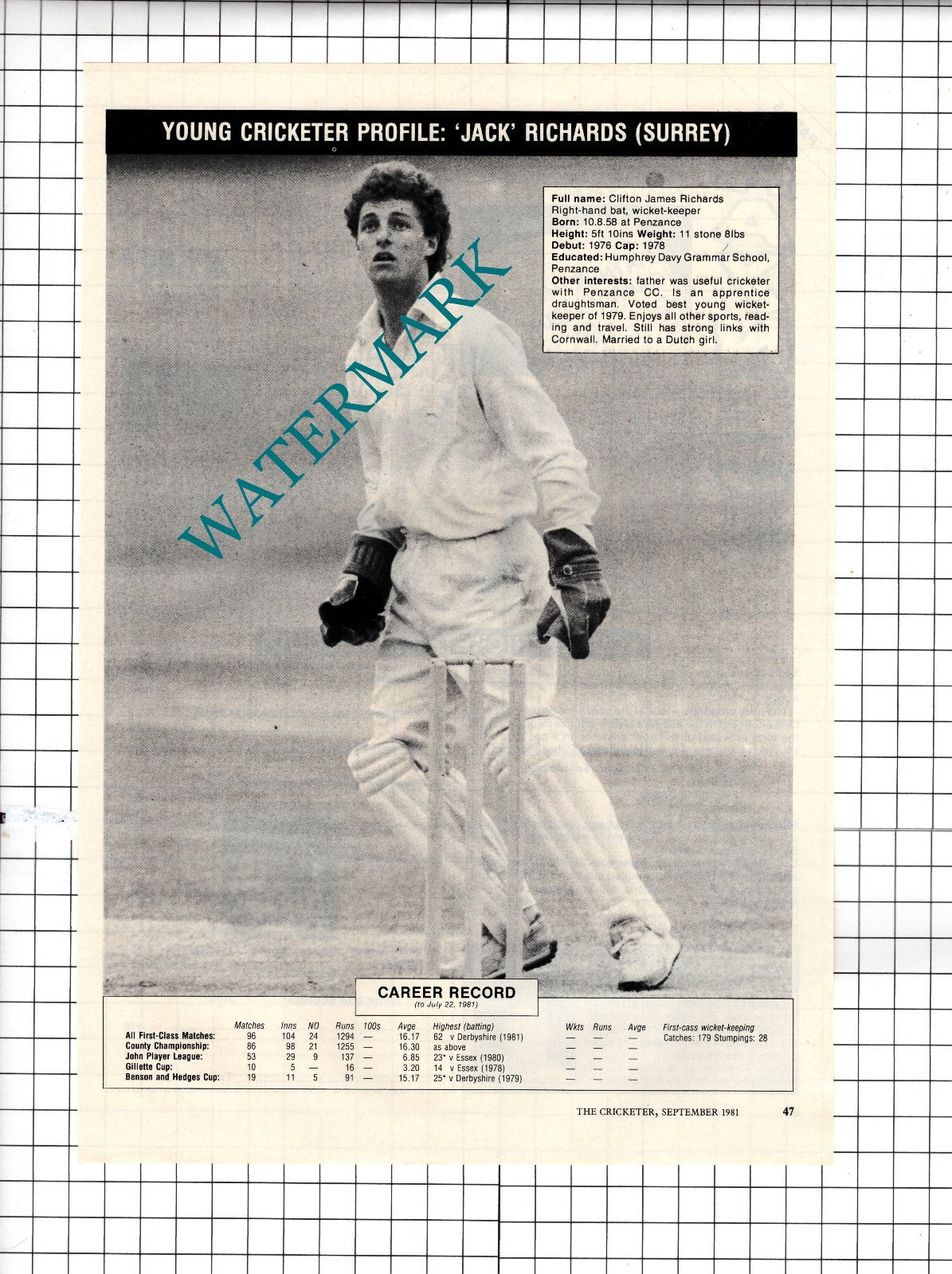 Jack Richards Cricketer Clifton James Richards Cricket Surrey   - 1981 Clipping