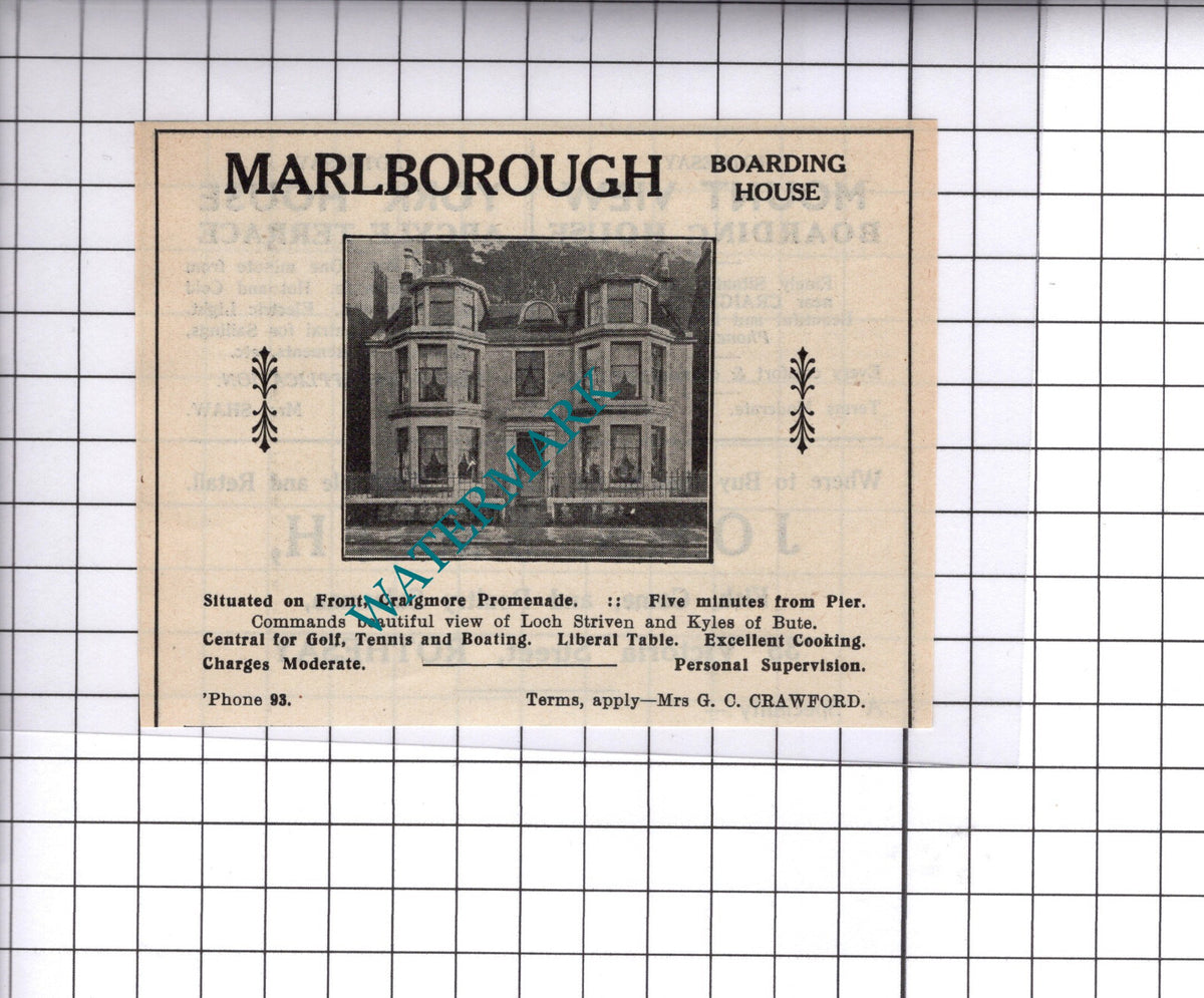 Marlborough Boarding House Craigmore Crawford Small Advert - 1939 Cutting/ Print