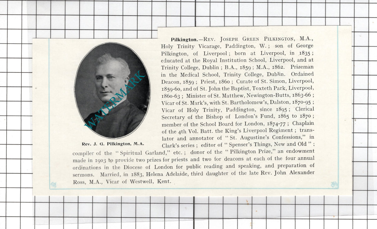 Rev Joseph Green Pilkington Holy Trinity Vicarage Paddington - c.1910 Cutting