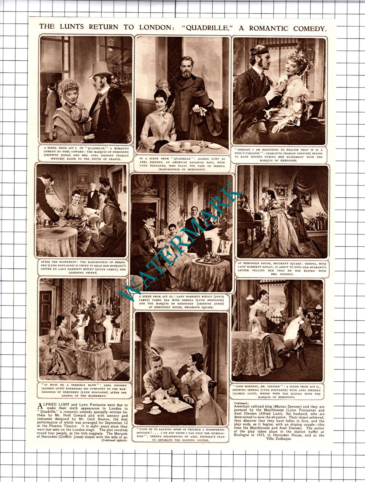 Alfred Lunt Lynn Fontanne Quadrille Phoenix Theatre - 1952 Cutting / Print