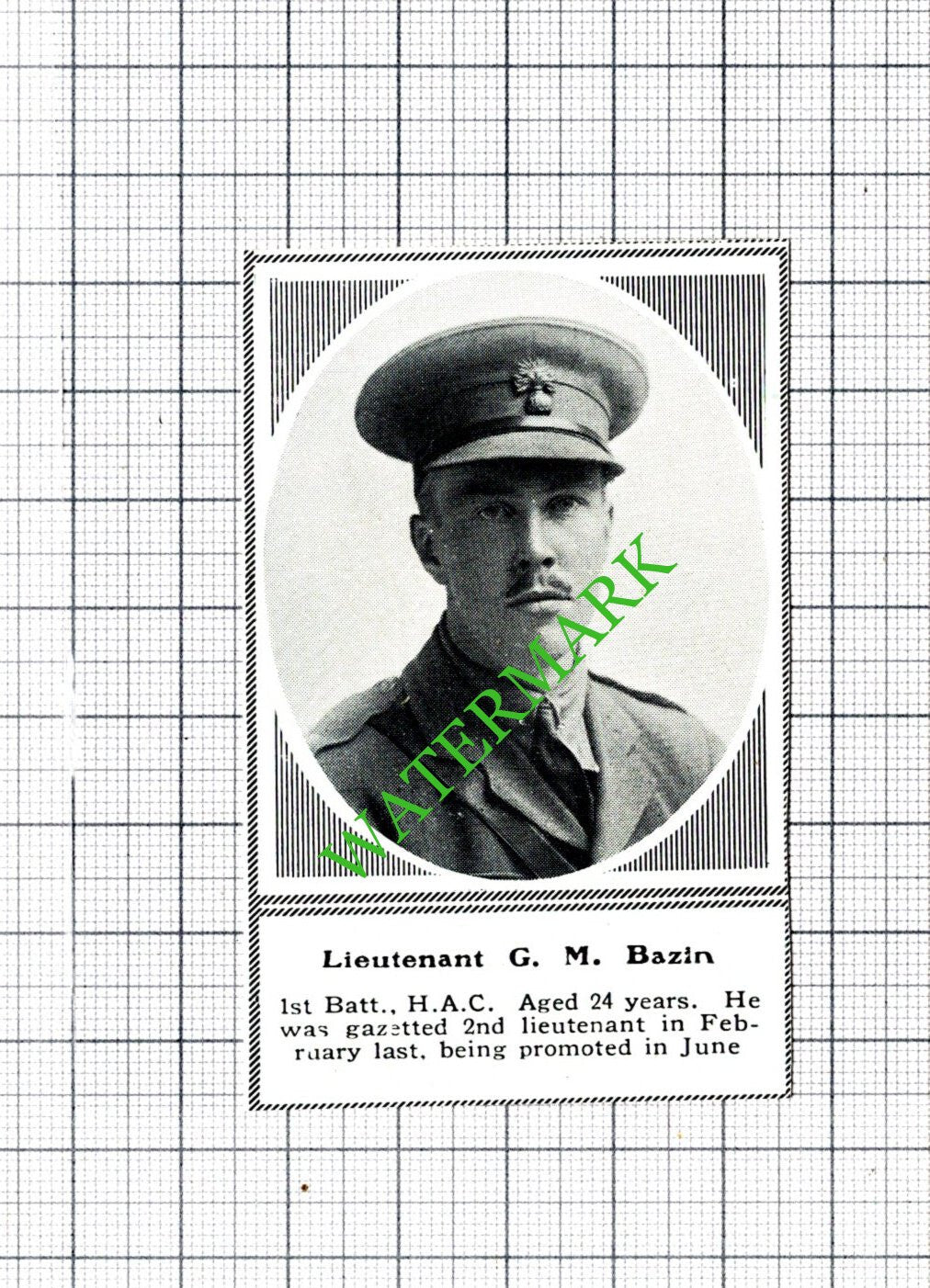 Lt G M Bazin 1st Batt HAC WW1 World War One  - c.1918 SMALL Cutting