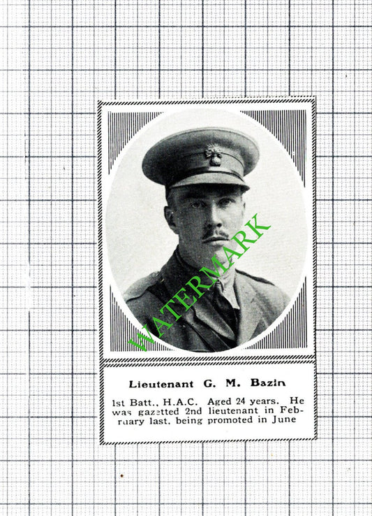 Lt G M Bazin 1st Batt HAC WW1 World War One  - c.1918 SMALL Cutting