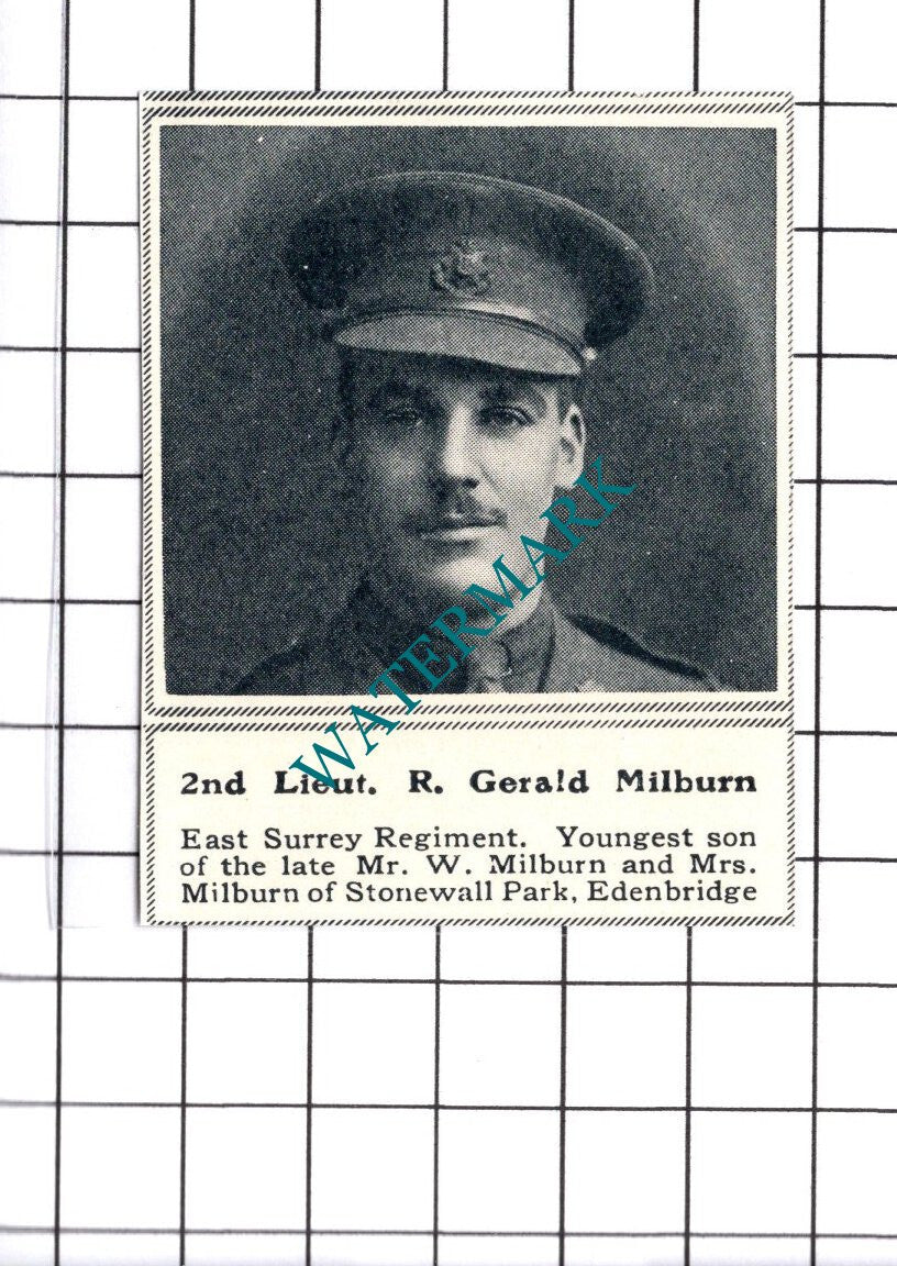 2nd Lt R Gerald Milburn East Surrey Regiment Edenbridge WW1 - 1915 SMALL Cutting