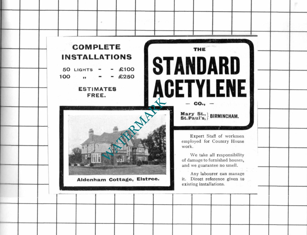 Aldenham Cottage Elstree Standard Acetylene Co Small ADVERT - 1903 Clipping