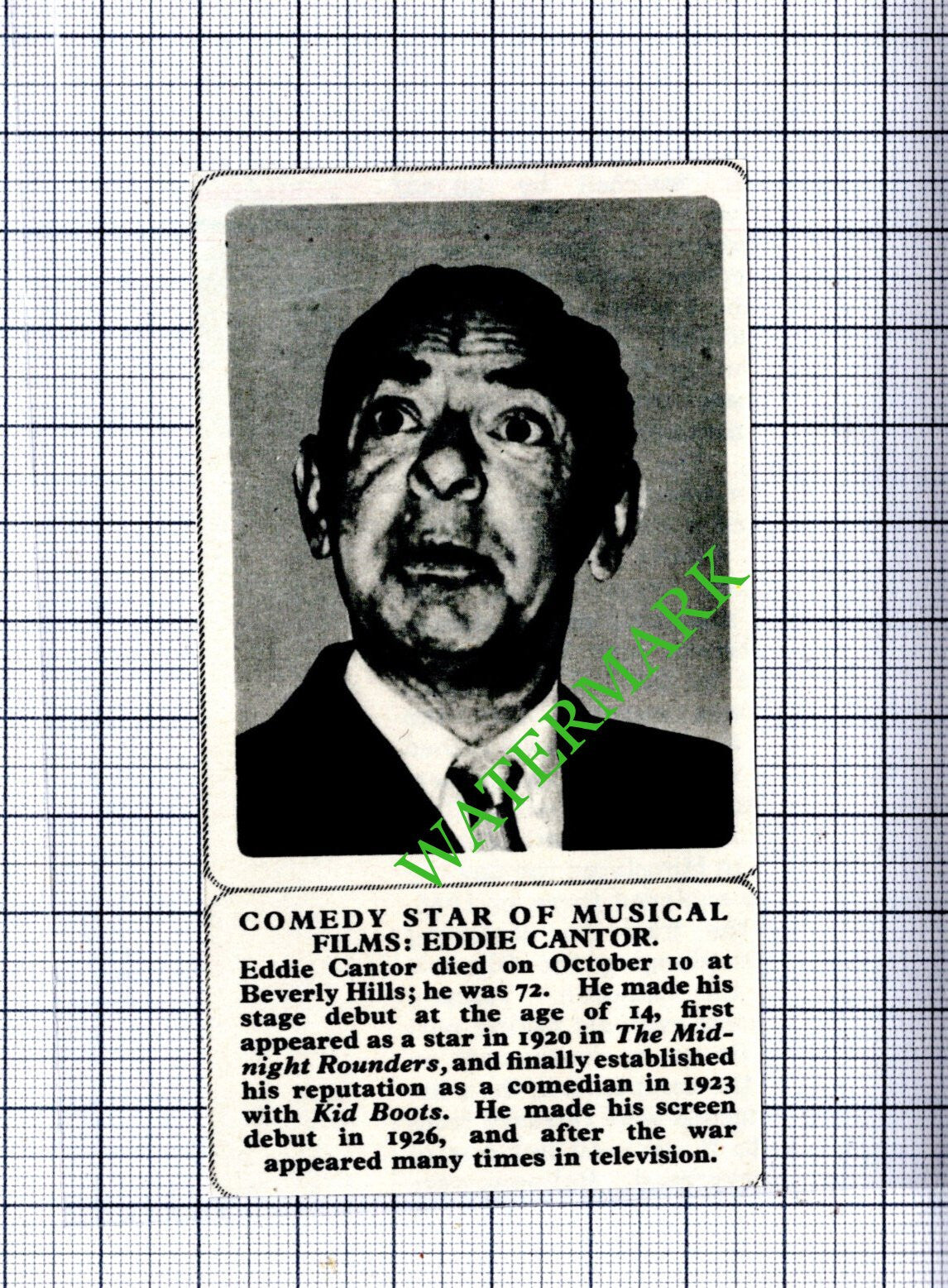 Eddie Cantor Actor Obituary - 1964 Small Cutting