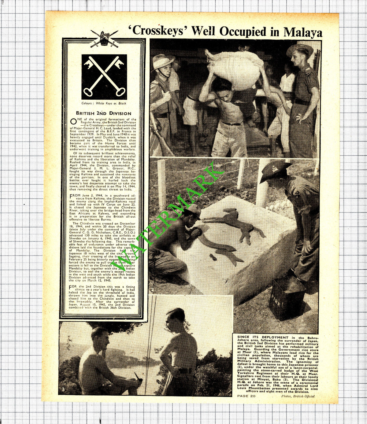 British 2nd Division Crosskeys Malaya WW2 - c.1946 Cutting