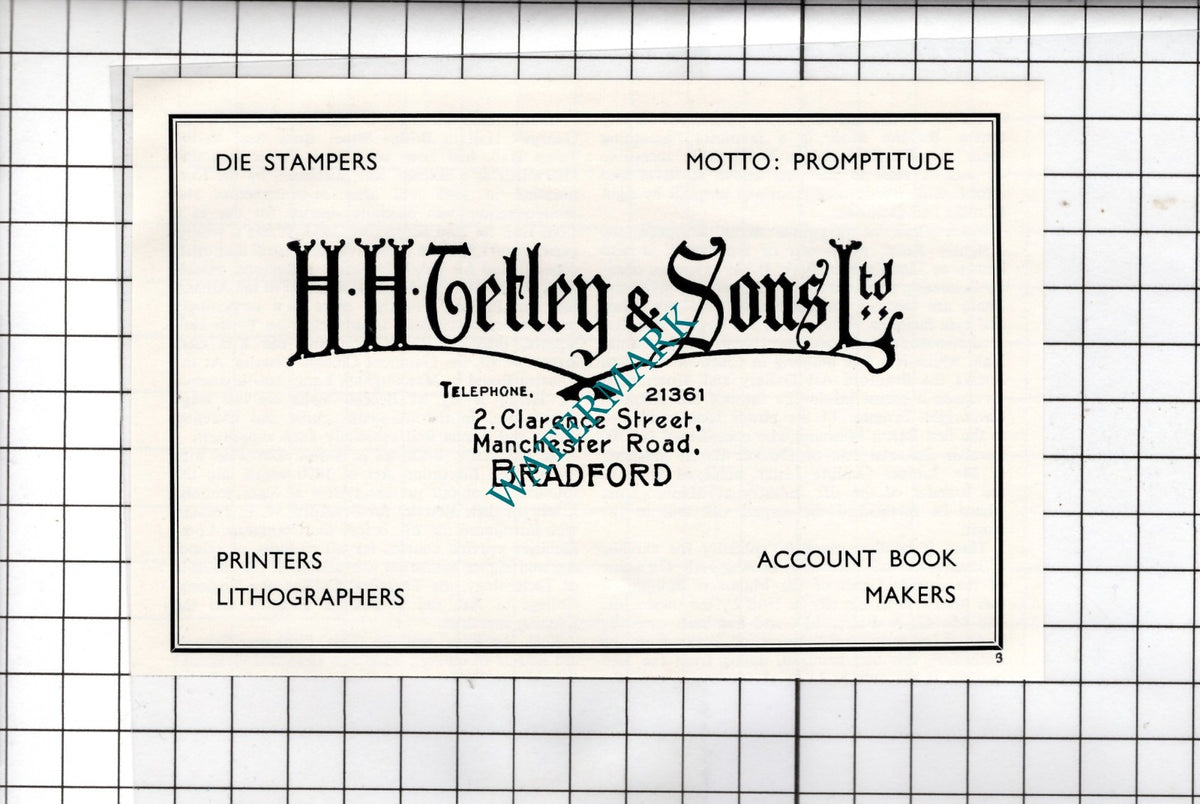 H H Tetley & Sons Ltd 2 Clarence Street Bradford - c.1962 Small Advert
