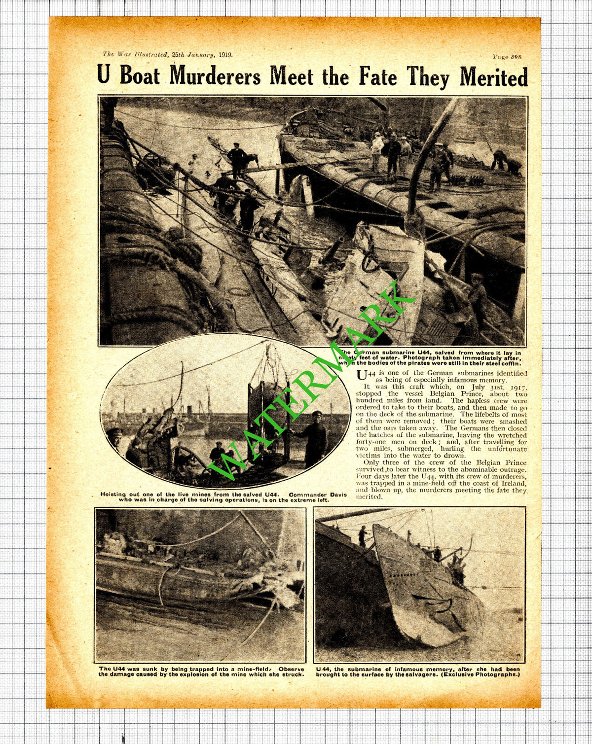 German Submarine U44 Great War WW1 - 1919 Cutting