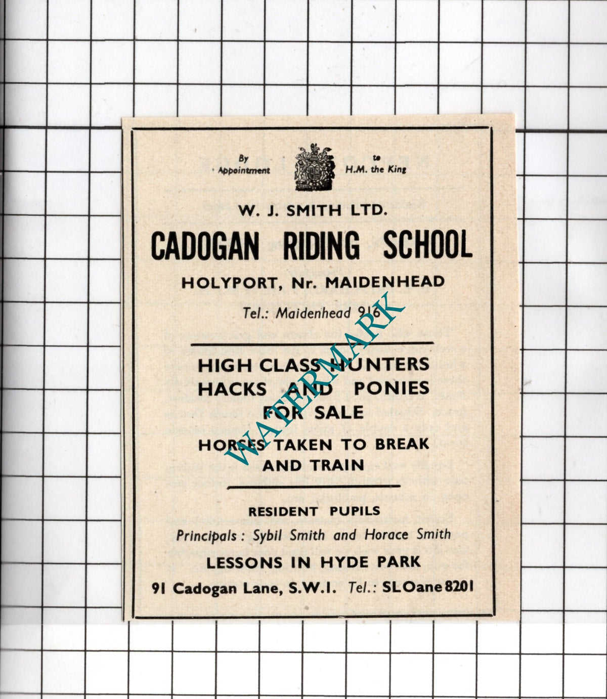 Cadogan Riding School Holyport / Nepcote Lodge Findon Sussex - 1949 Small Advert