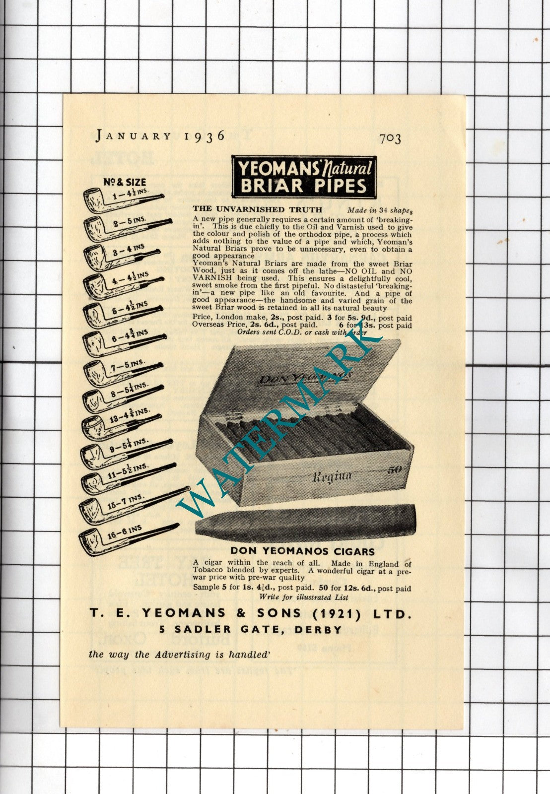 T E Yeomans & Sons (1921) Ltd Yeomans Briar Pipes Advert - 1936 Small Advert