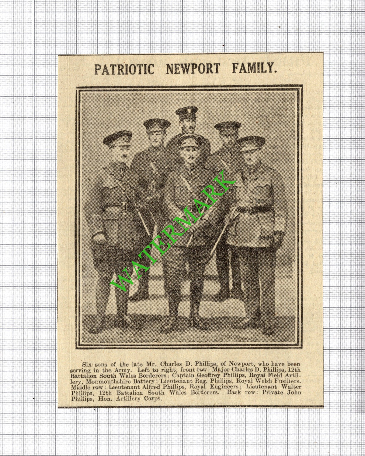 Major Charles D Phillips Newport South Wales Borderers Walter - 1916 Cutting