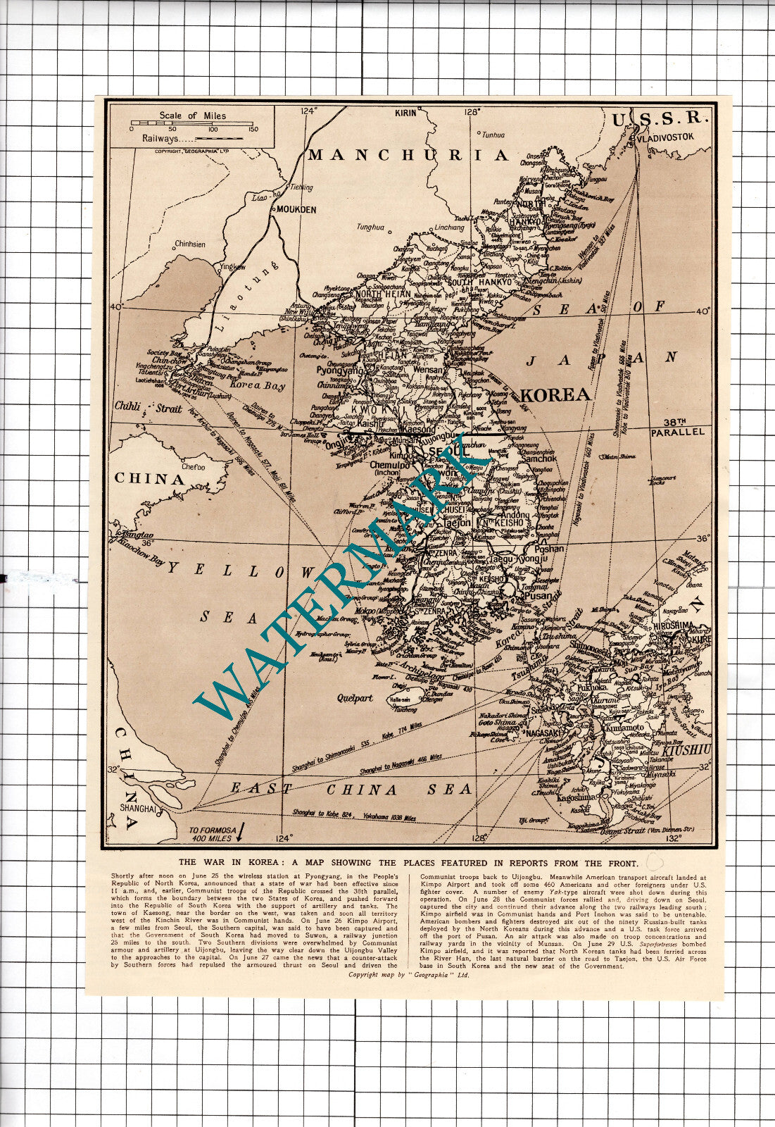 Korean War Map Korea - c.1950 Clipping