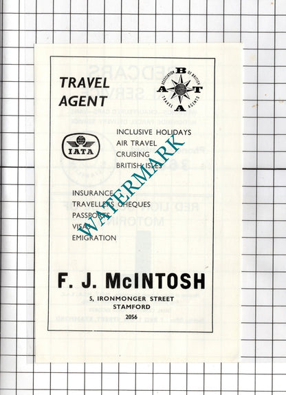 F J McIntosh Travel Agent Stamford Redcars Taxi  Red Lion Driving - c1974 Advert