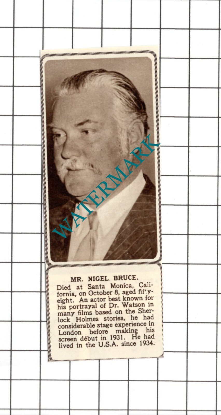 Mr Nigel Bruce Actor Obituary - 1953 SMALL Cutting