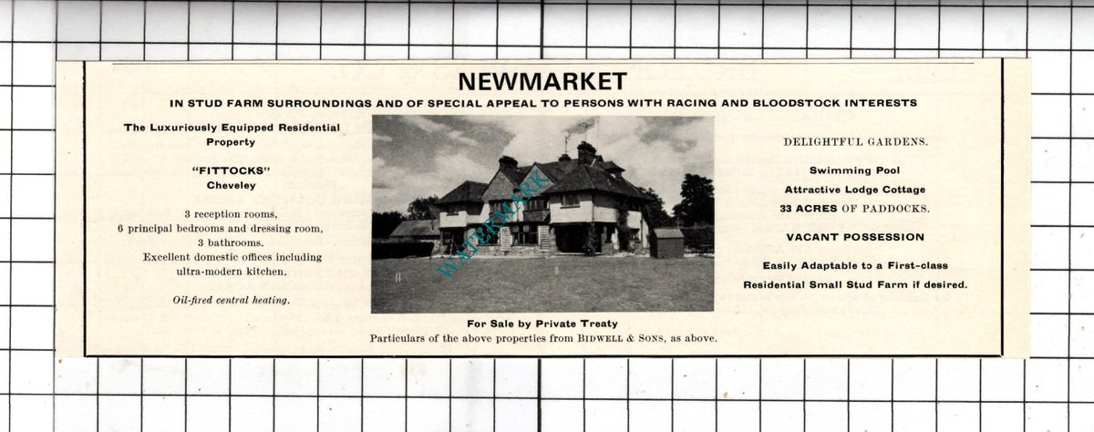 Fittocks Stud Cheveley Newmarket Suffolk - 1967 Small House  Advert