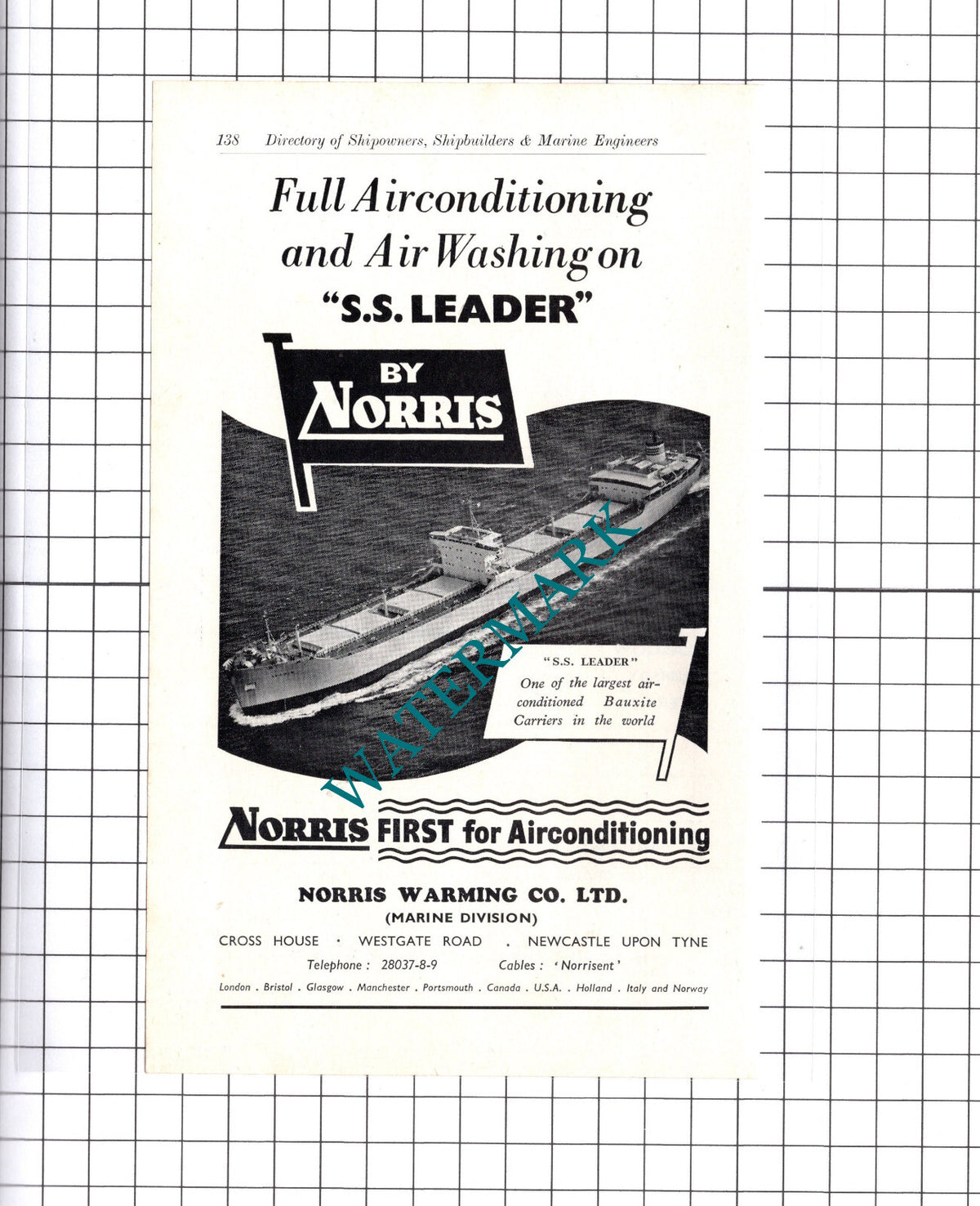 Norris Warming Co Ltd Newcastle Upon Tyne SS LEADER Ship ADVERT   - c.1957