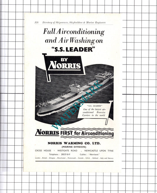 Norris Warming Co Ltd Newcastle Upon Tyne SS LEADER Ship ADVERT   - c.1957