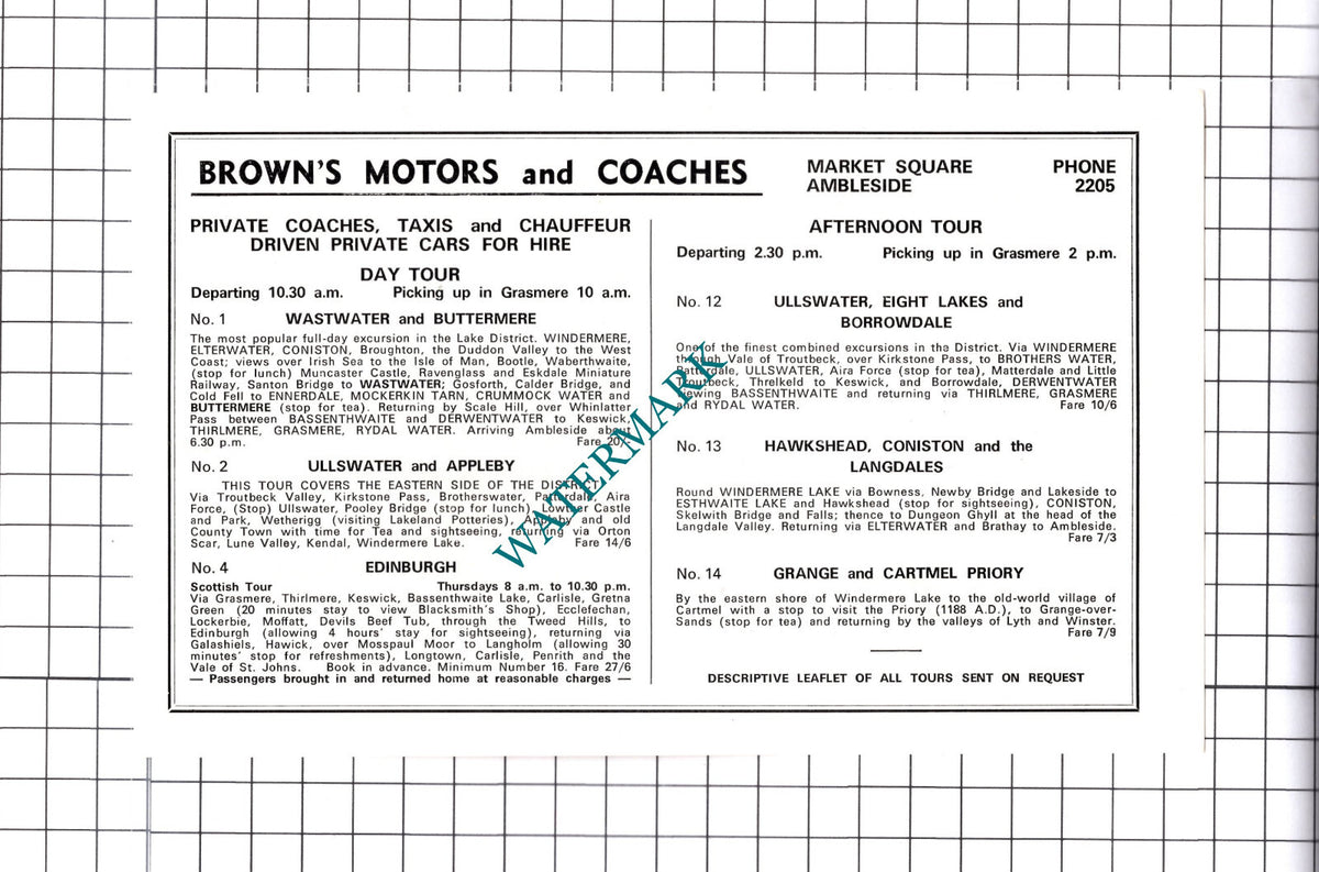Brown's Motors and Coaches Ambleside / Victoria Garage Advert - c.1968 Cutting