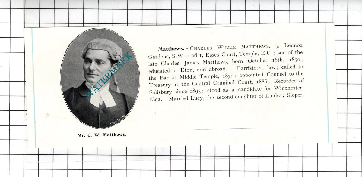 Charles Willie Matthews 5 Lennox Gardens London  -  c.1905 Clipping