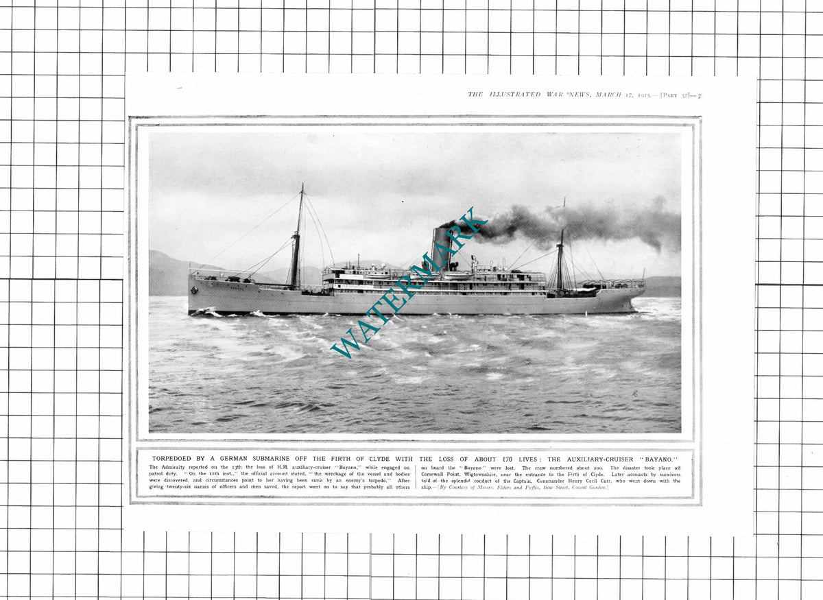 HM Auxiliary Cruiser BAYANO Captain Henry Cecil Carr WW1 - 1915 Clipping