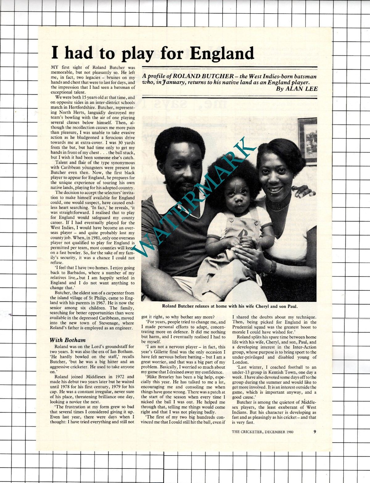 Roland Butcher Cricketer Cricket  - 1980 Article