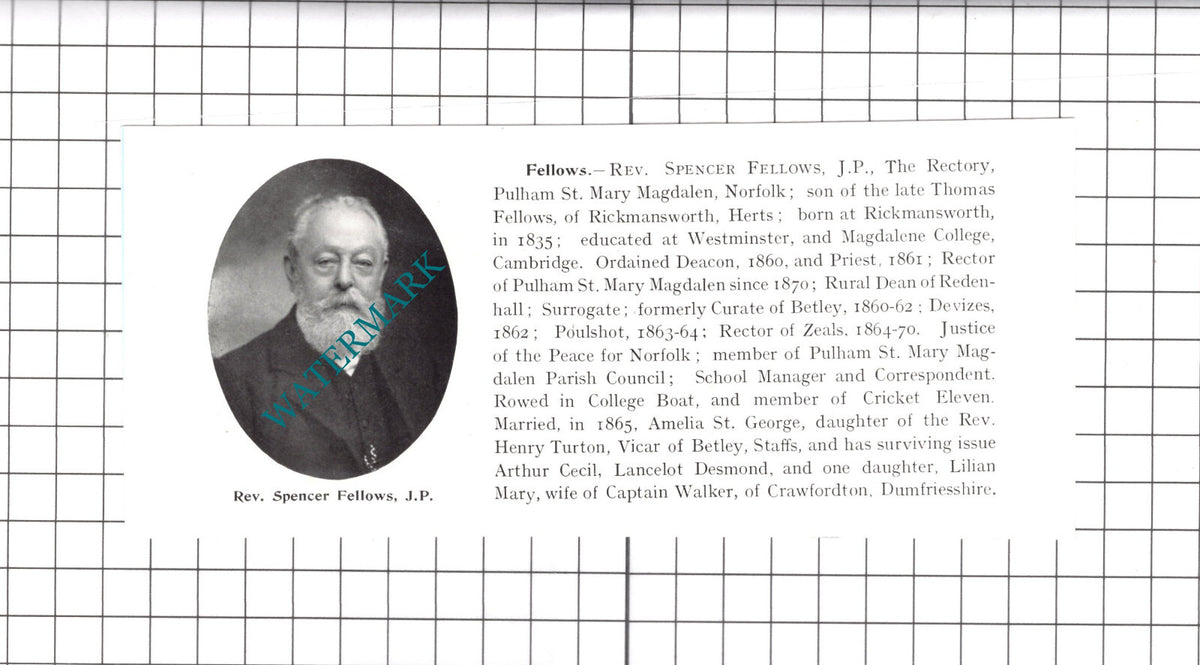 Rev Spencer Fellows Pulham St Mary / Henry Walter Geldart Ipswich -1911 Clipping