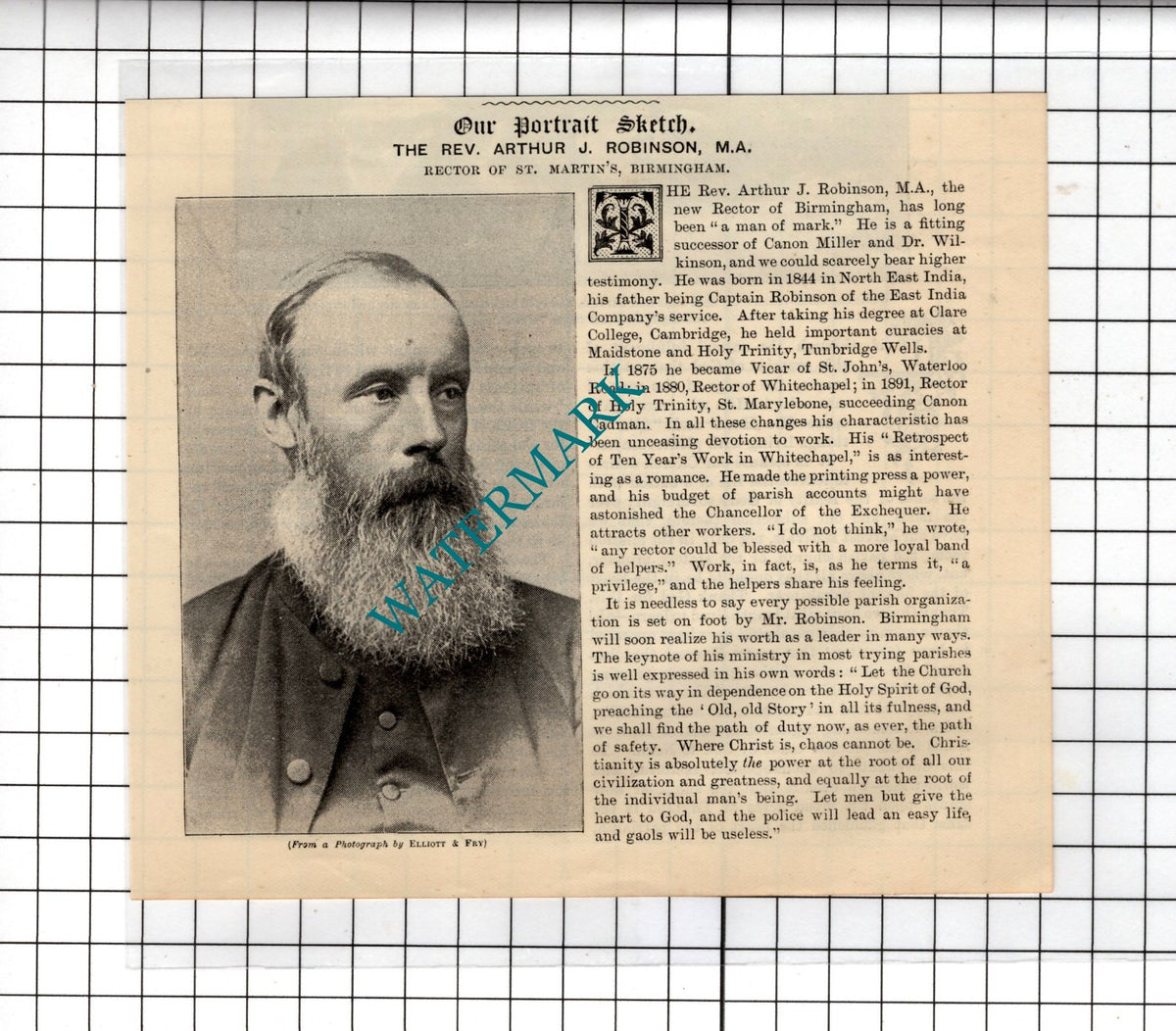 The Rev Arthur J Robinson Rector St Martin's Birmingham - 1897 Clipping